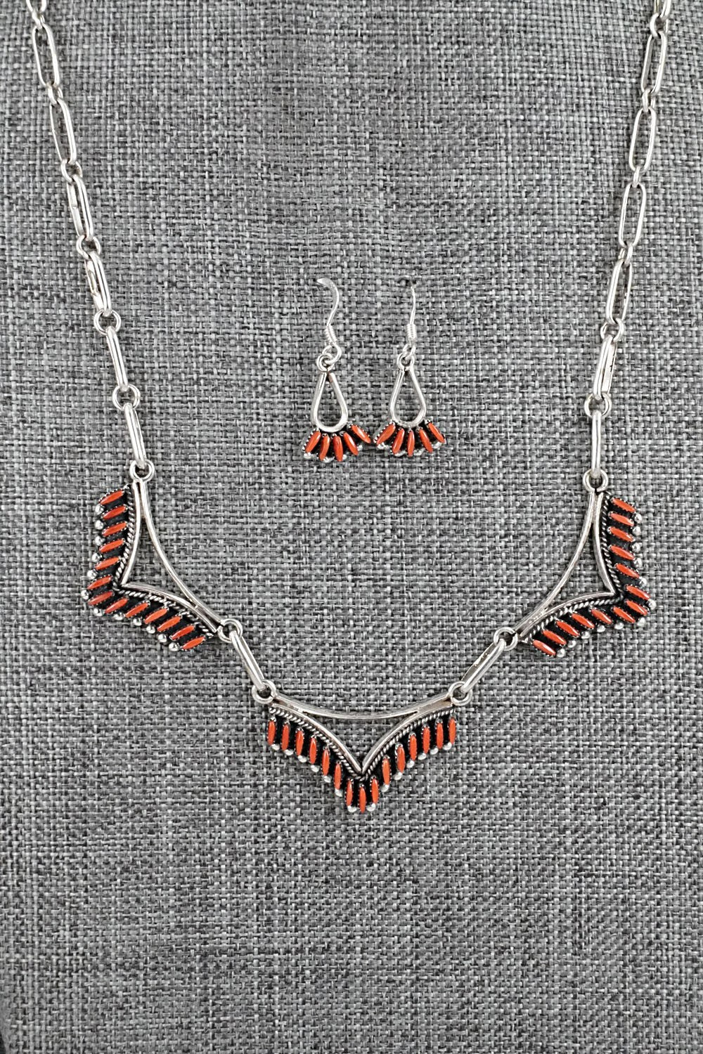 Coral & Sterling Silver Necklace and Earrings Set - Mildred Ukestine