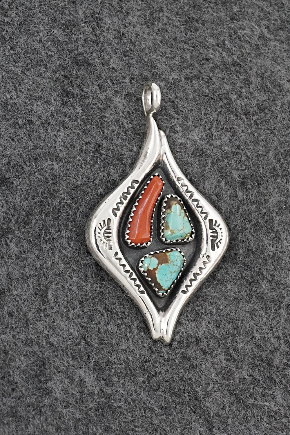 Turquoise, Coral & Sterling Silver Pendant - Wilbur Iule