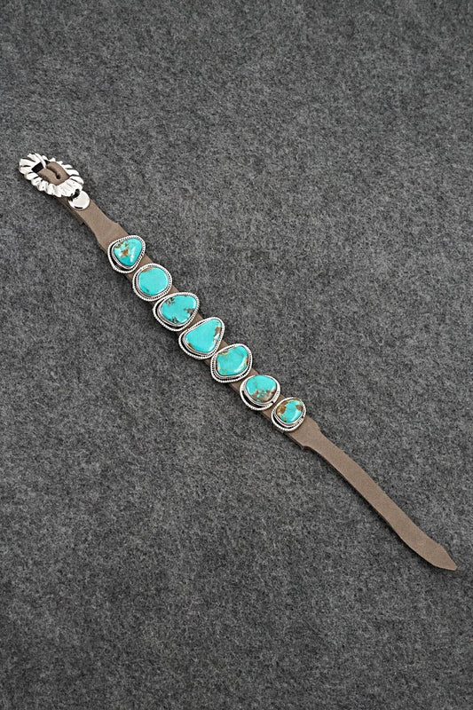 Turquoise, Sterling Silver & Leather Bracelet - Marlene Ramone