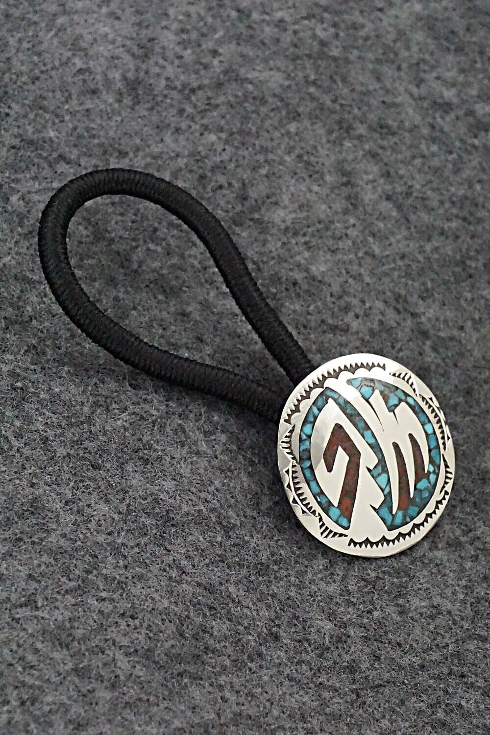 Turquoise, Coral Chip Inlay & Sterling Silver Hair Tie - Joleen Yazzie