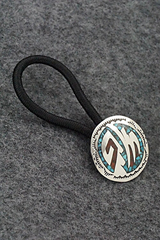 Turquoise, Coral Chip Inlay & Sterling Silver Hair Tie - Joleen Yazzie
