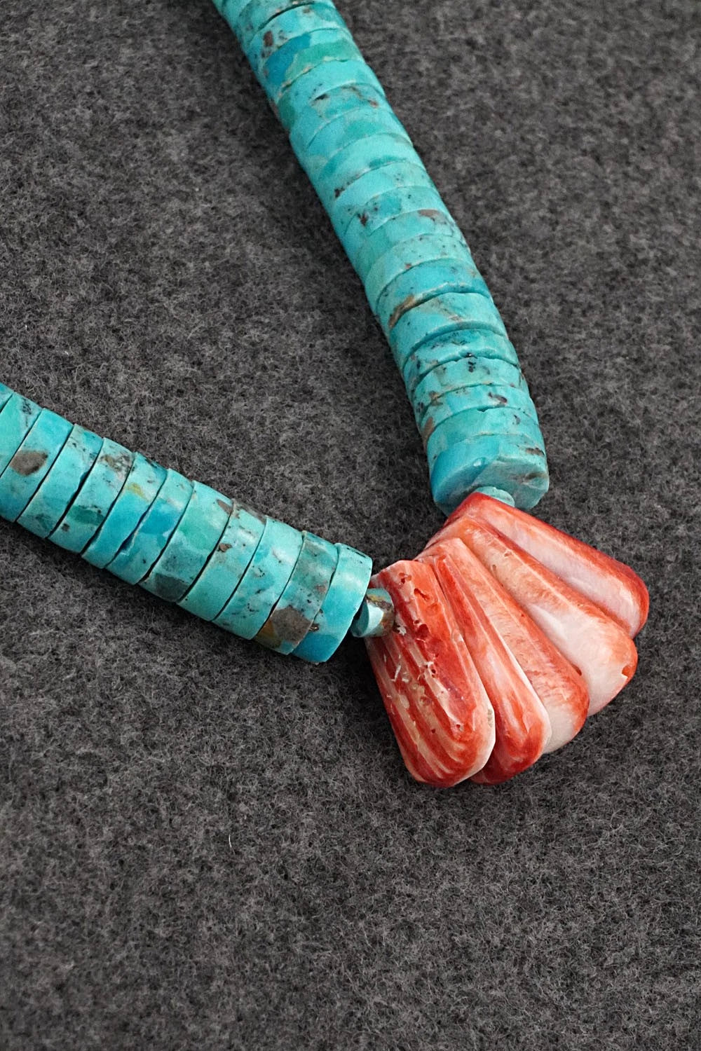 Turquoise, Spiny Oyster & Sterling Silver Necklace 20" - Lupe Lovato