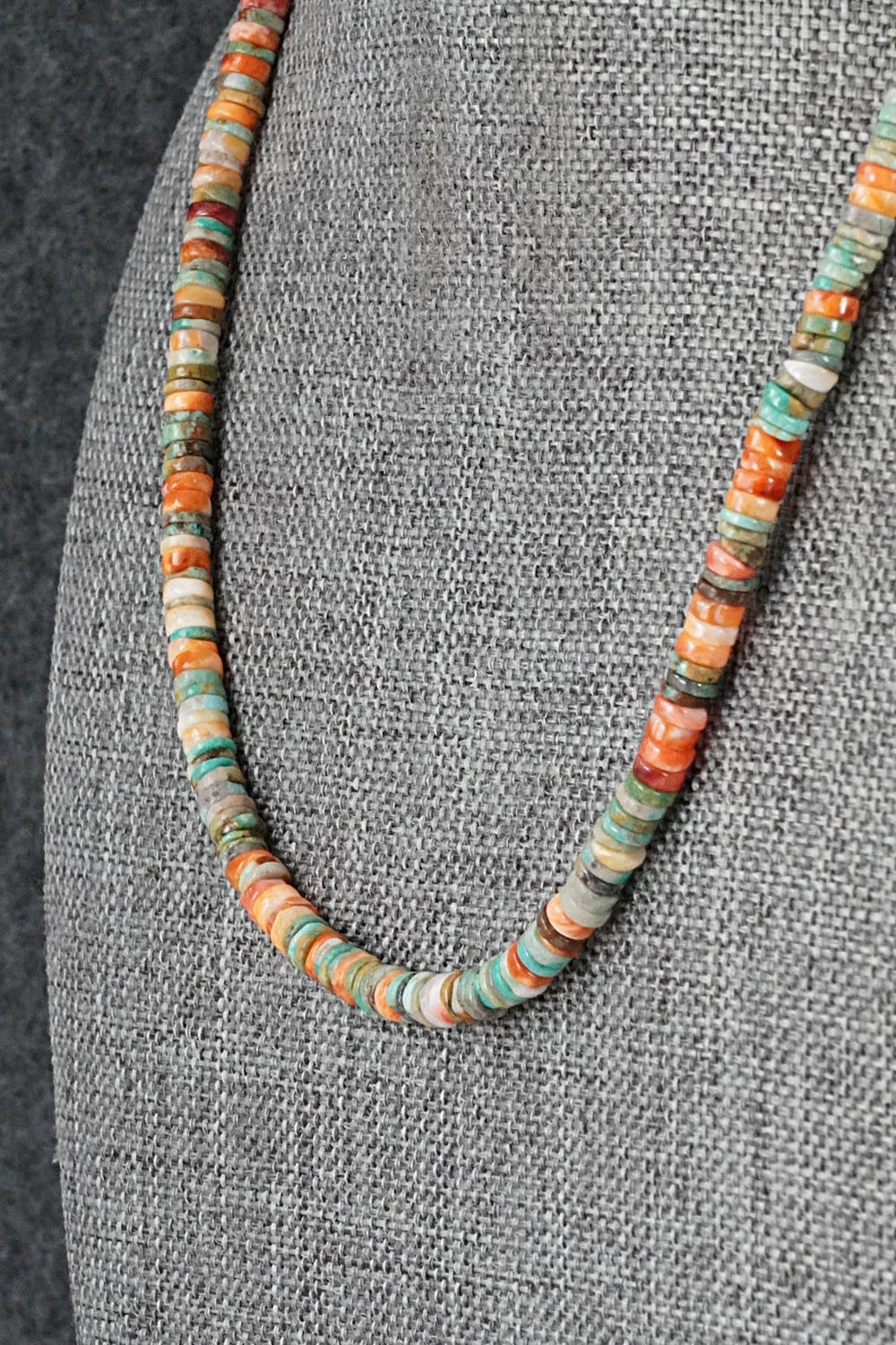 Turquoise, Spiny Oyster & Sterling Silver Necklace 17" - Doreen Jake