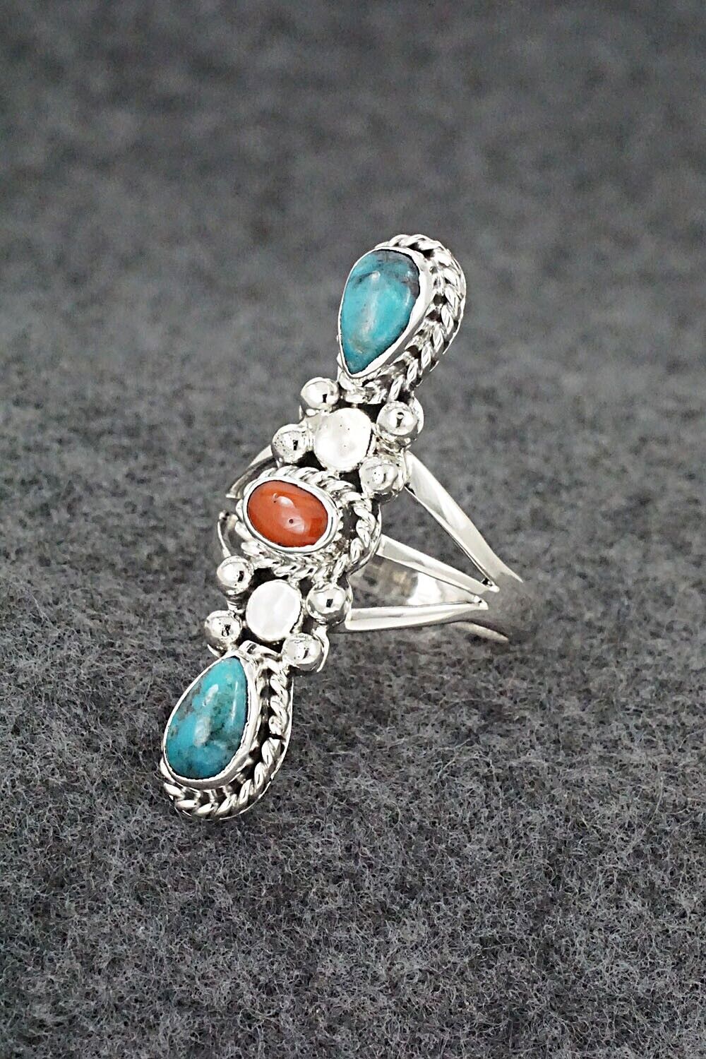 Turquoise, Coral & Sterling Silver Ring - Andrew Vandever - Size 9