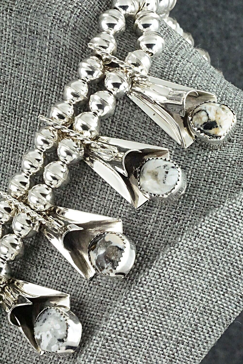 White Buffalo & Sterling Silver Squash Blossom Set - Louise Yazzie