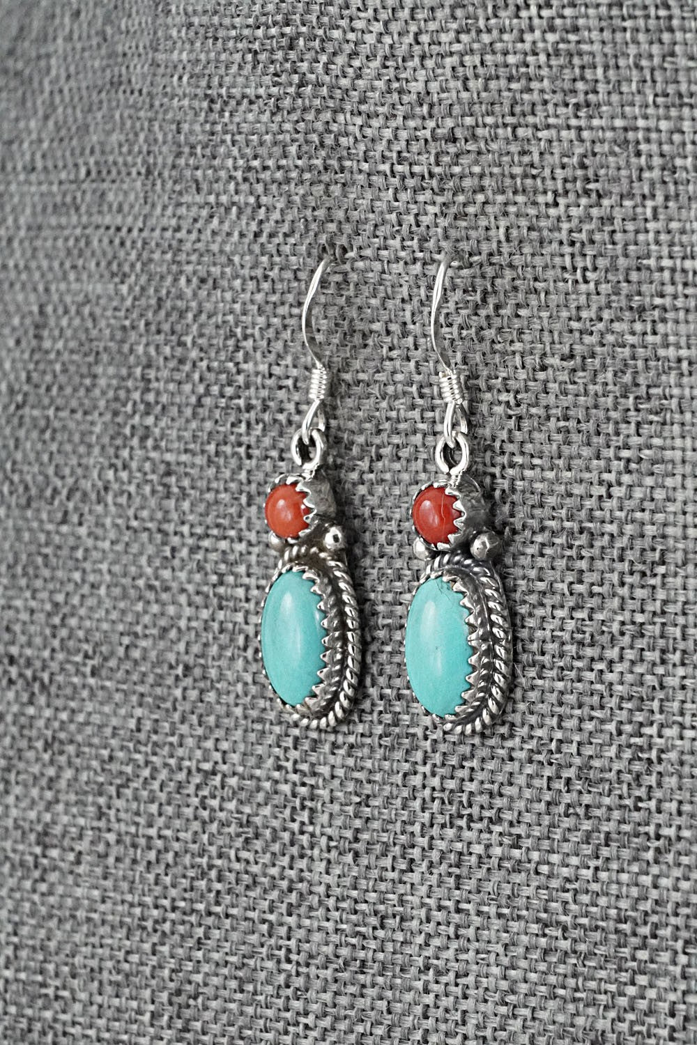 Turquoise, Coral & Sterling Silver Earrings - Verley Betone
