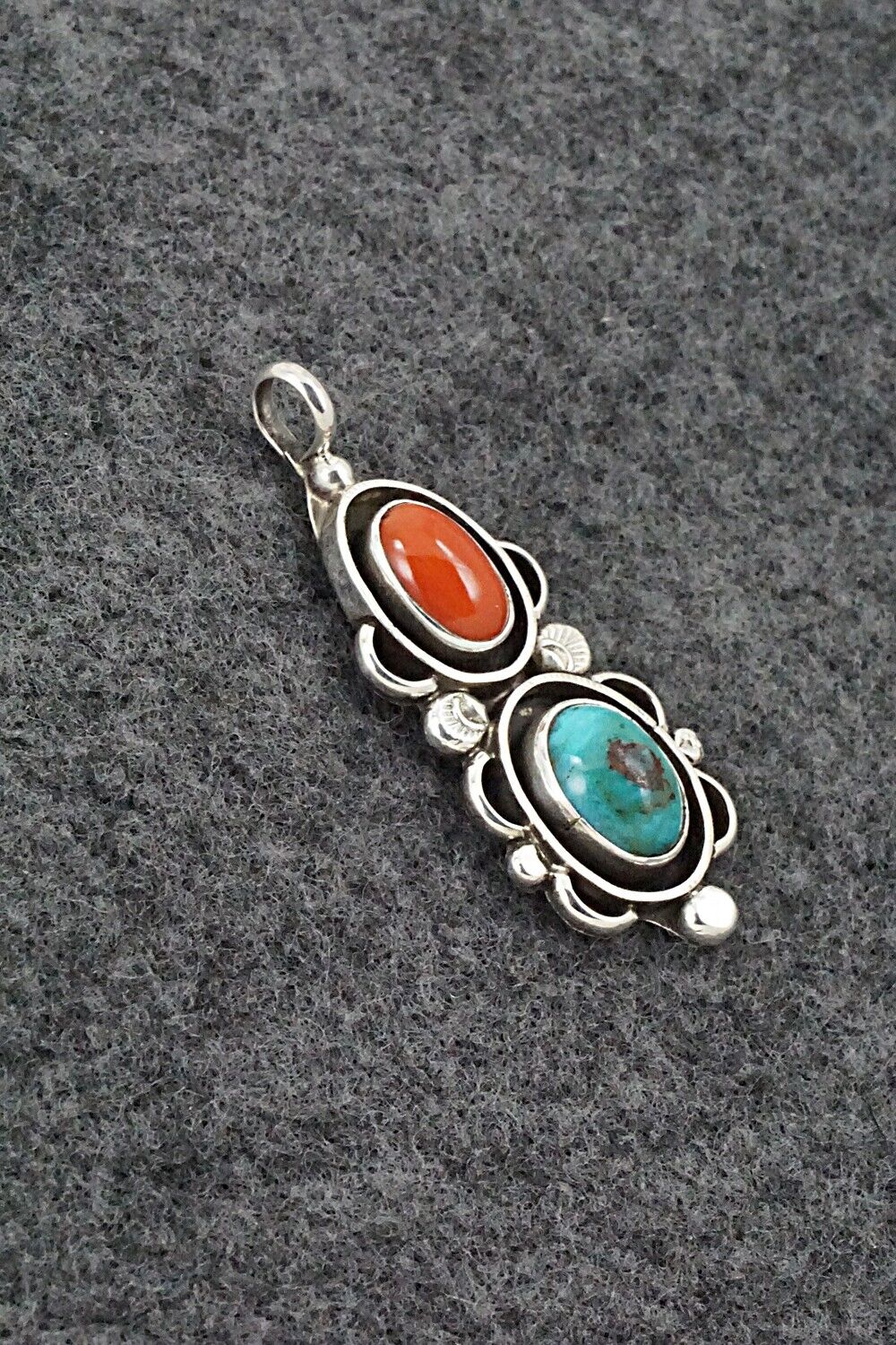 Turquoise, Coral & Sterling Silver Pendant - Roger Lewis