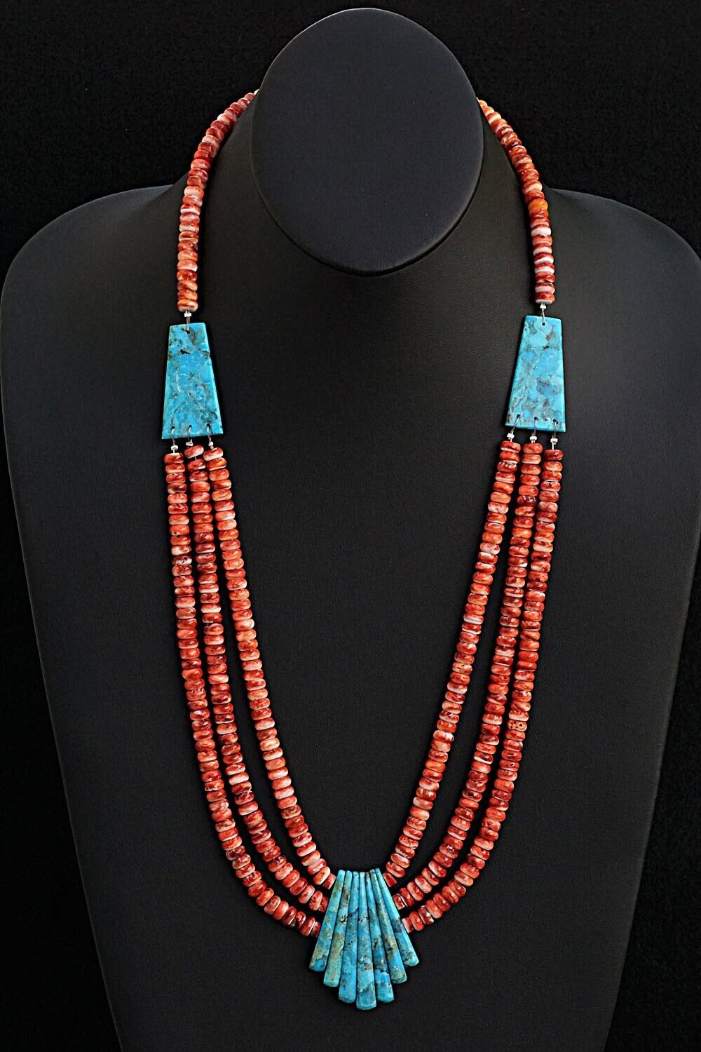 Turquoise, Spiny Oyster and Sterling Silver Necklace - Lupe Lovato