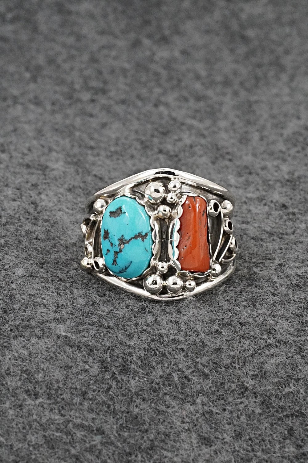 Turquoise, Coral & Sterling Silver Ring - Darrell Morgan - Size 14