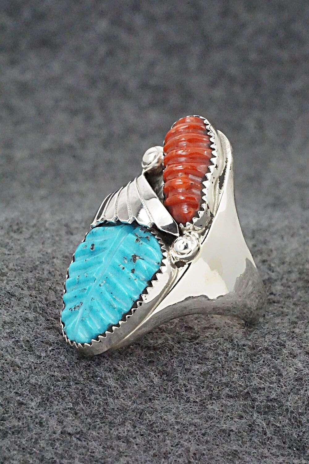 Turquoise, Coral & Sterling Silver Ring - Lyolita Tsattie - Size 10.5