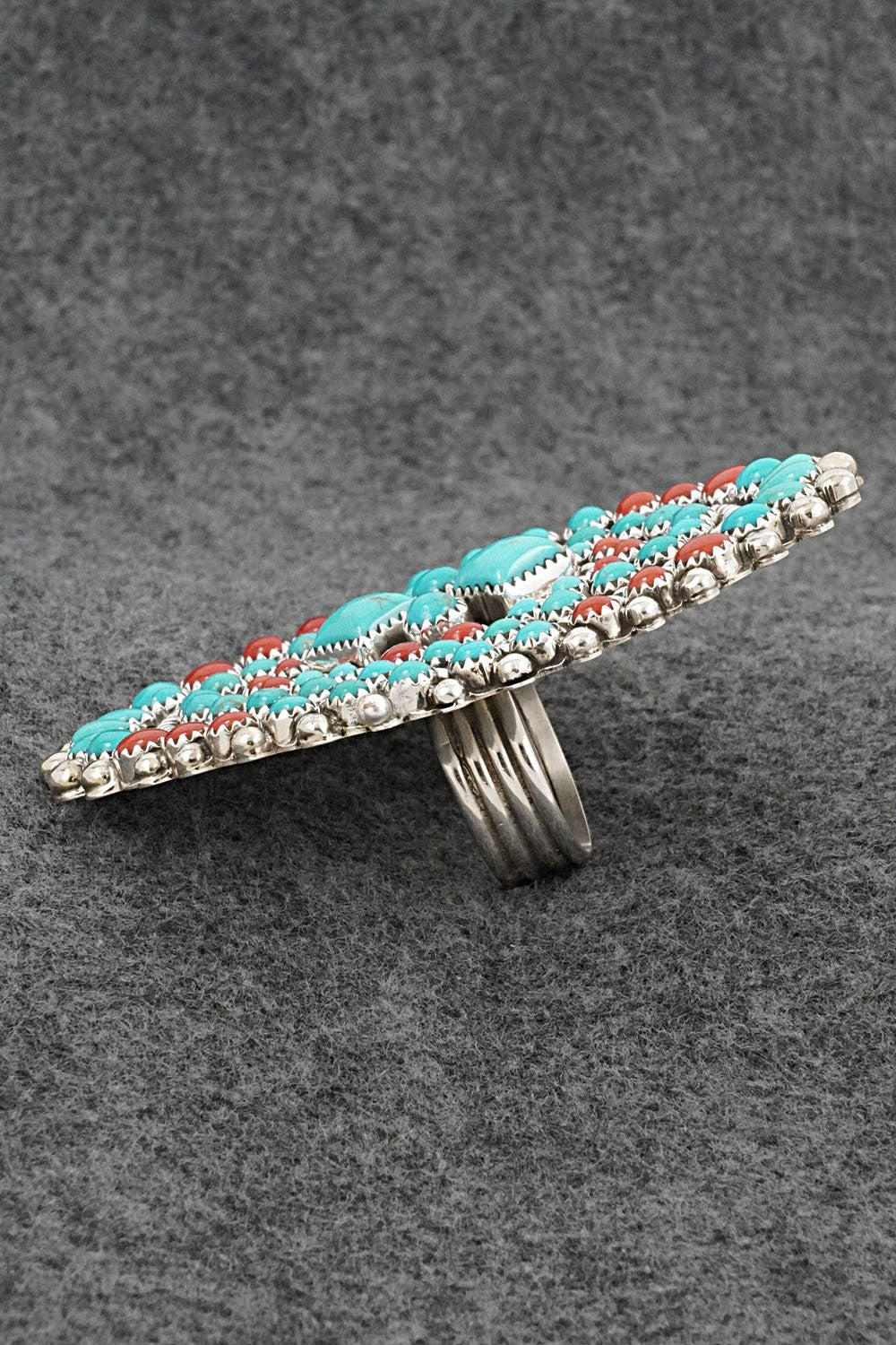Turquoise, Coral and Sterling Silver Ring - Tina Jones - Size 8 Adj.