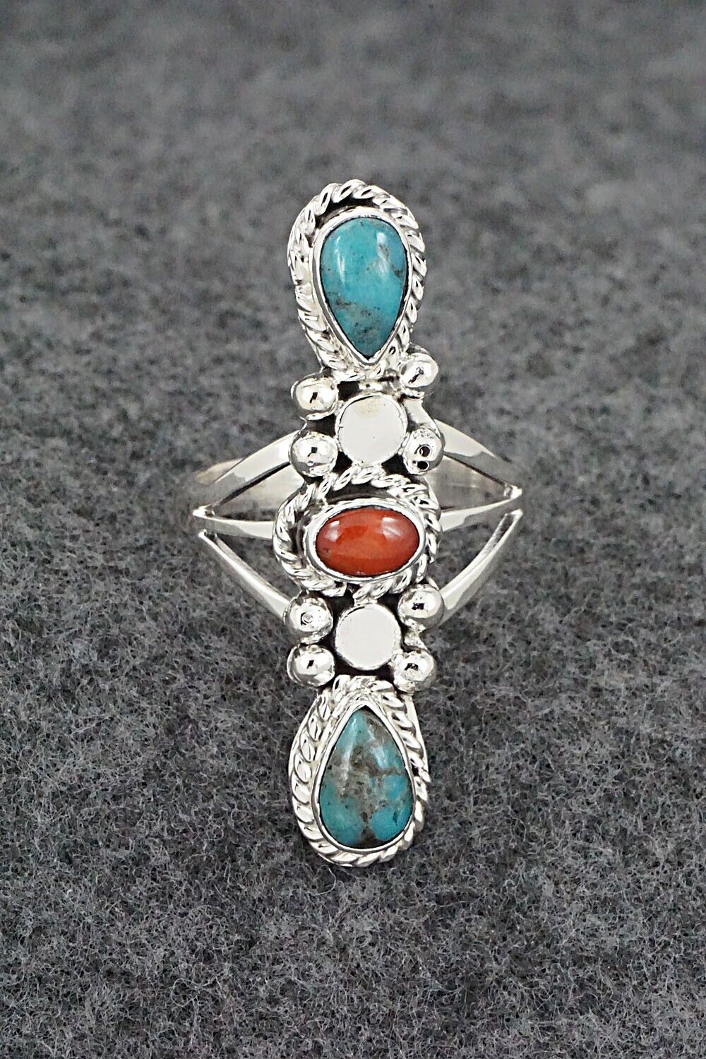 Turquoise, Coral & Sterling Silver Ring - Andrew Vandever - Size 8