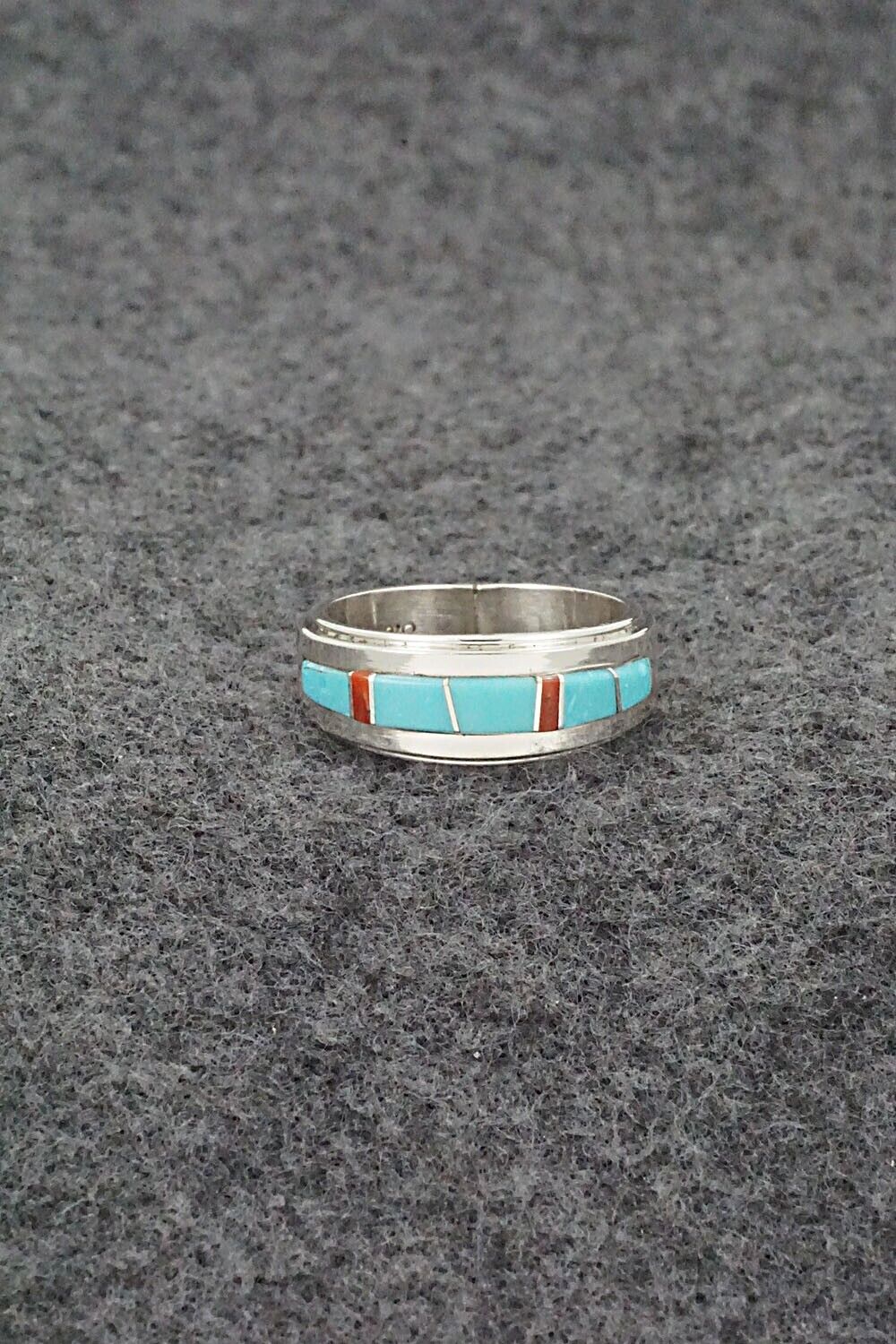 Turquoise, Coral & Sterling Silver Inlay Ring - Wilbert Muskett Jr. - Size 6