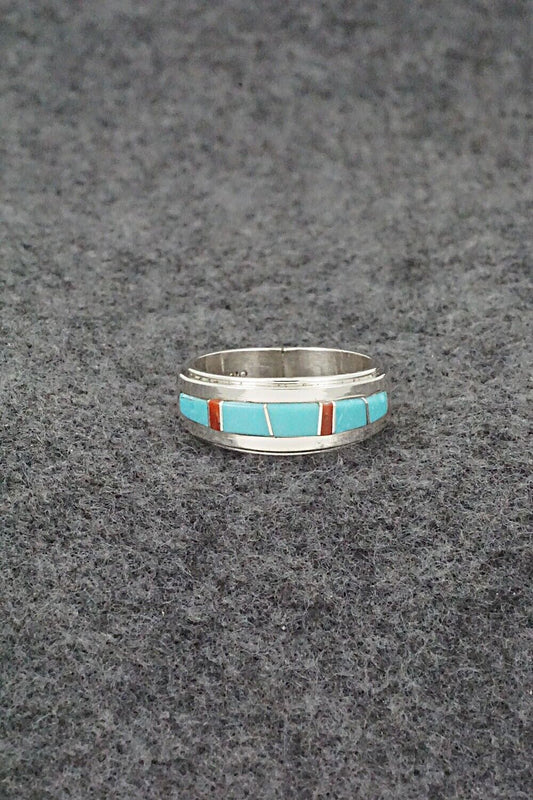 Turquoise, Coral & Sterling Silver Inlay Ring - Wilbert Muskett Jr. - Size 6