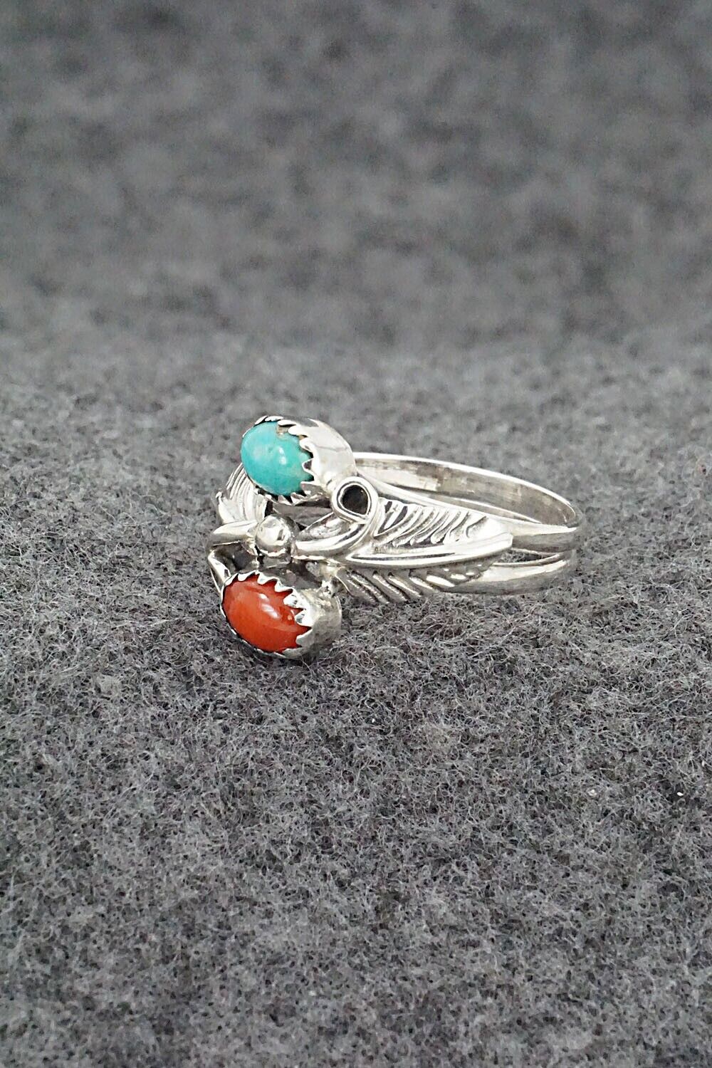 Turquoise, Coral & Sterling Silver Ring - Harry B. Yazzie - Size 7.75