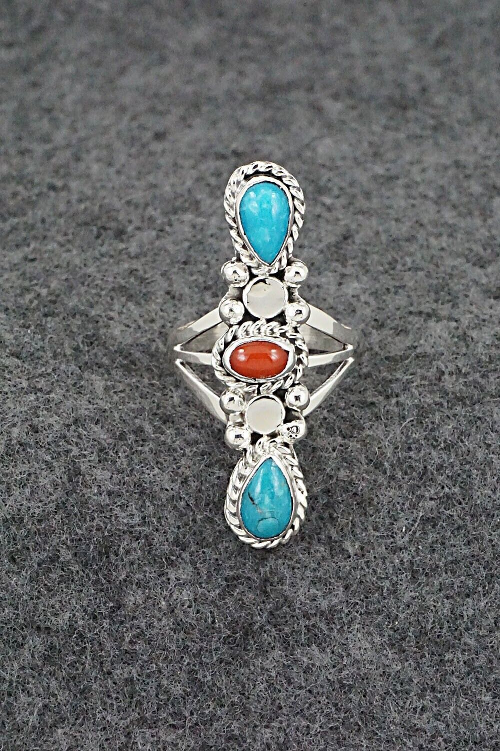 Turquoise, Coral & Sterling Silver Ring - Andrew Vandever - Size 7