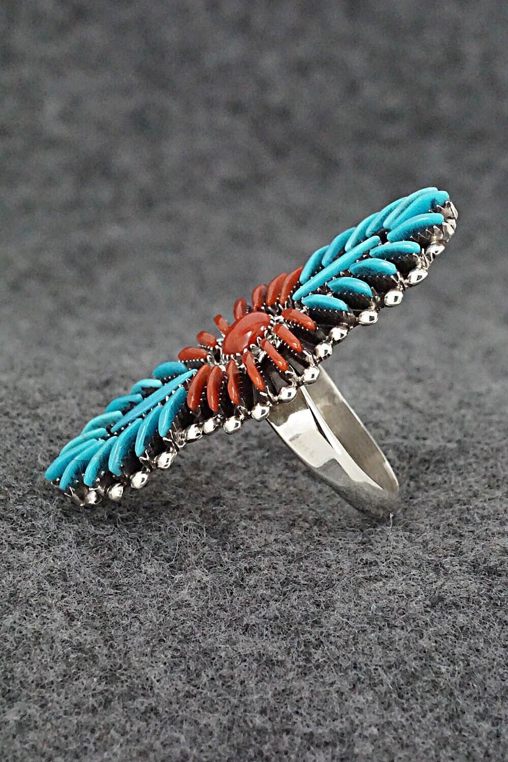 Turquoise, Coral & Sterling Silver Ring - Edmund Cooeyate - Size 7.5