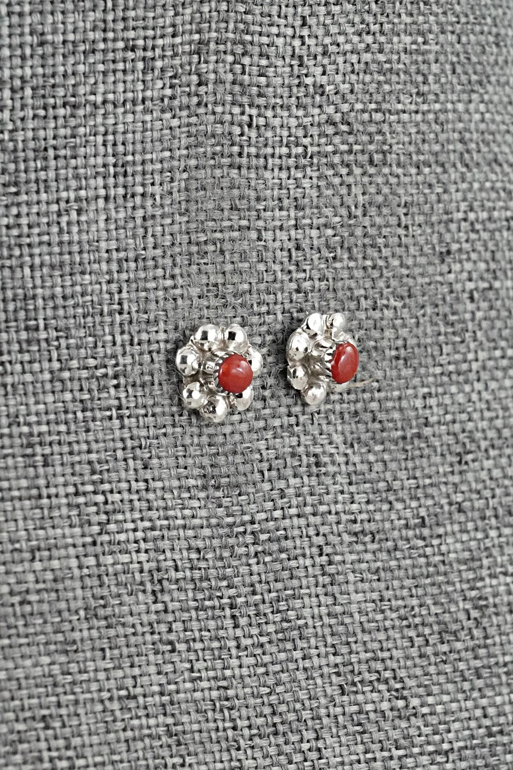 Coral and Sterling Silver Earrings - Ronald Yatsattie