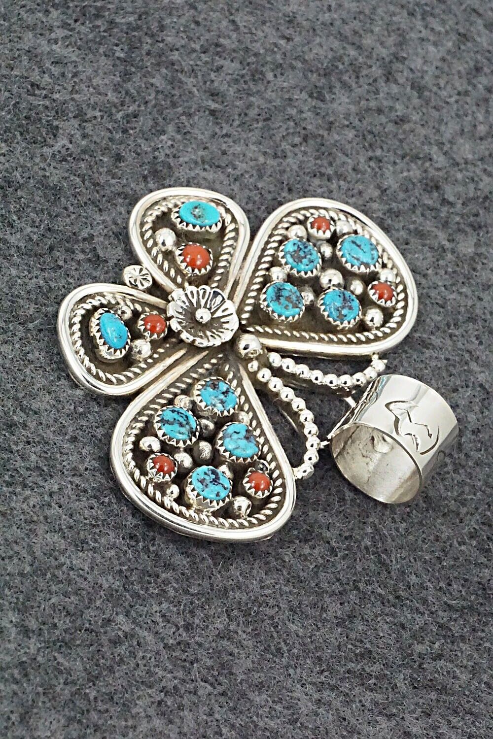 Turquoise, Coral & Sterling Silver Pendant - Darlene Begay
