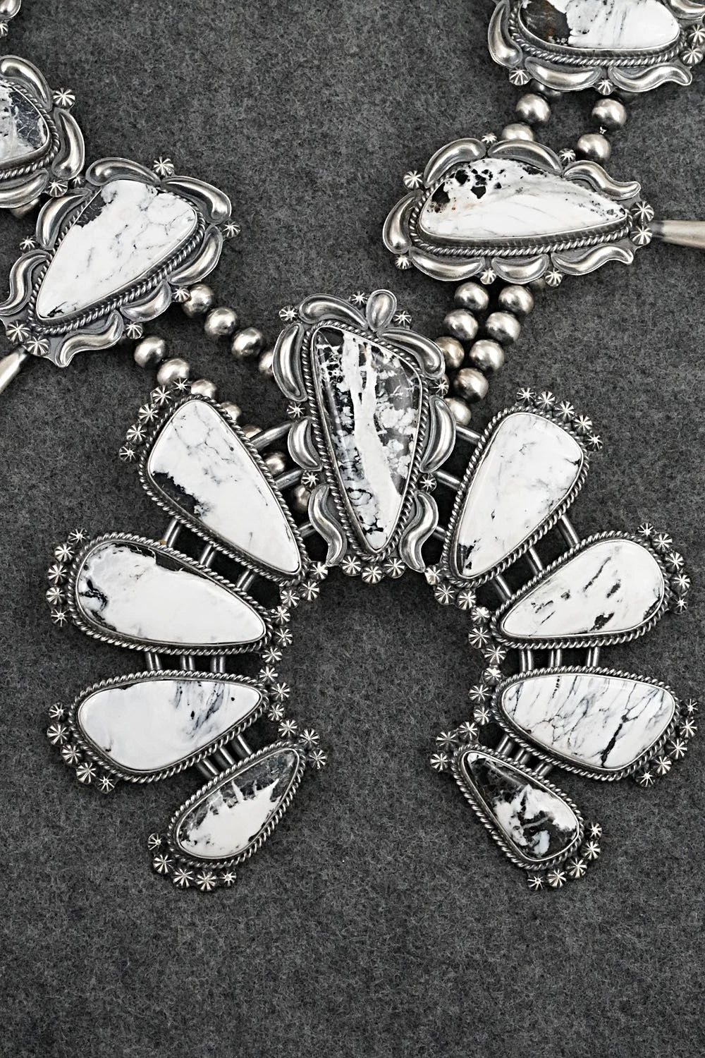 White Buffalo & Sterling Silver Squash Blossom Set - Raymond Delgarito