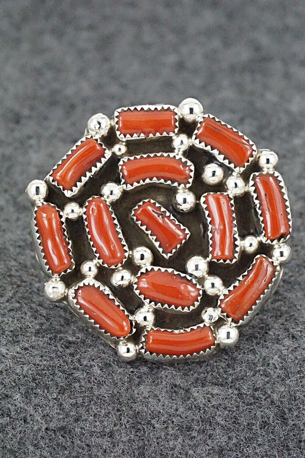 Coral and Sterling Silver Ring - Darlene Begay - Size 9.5