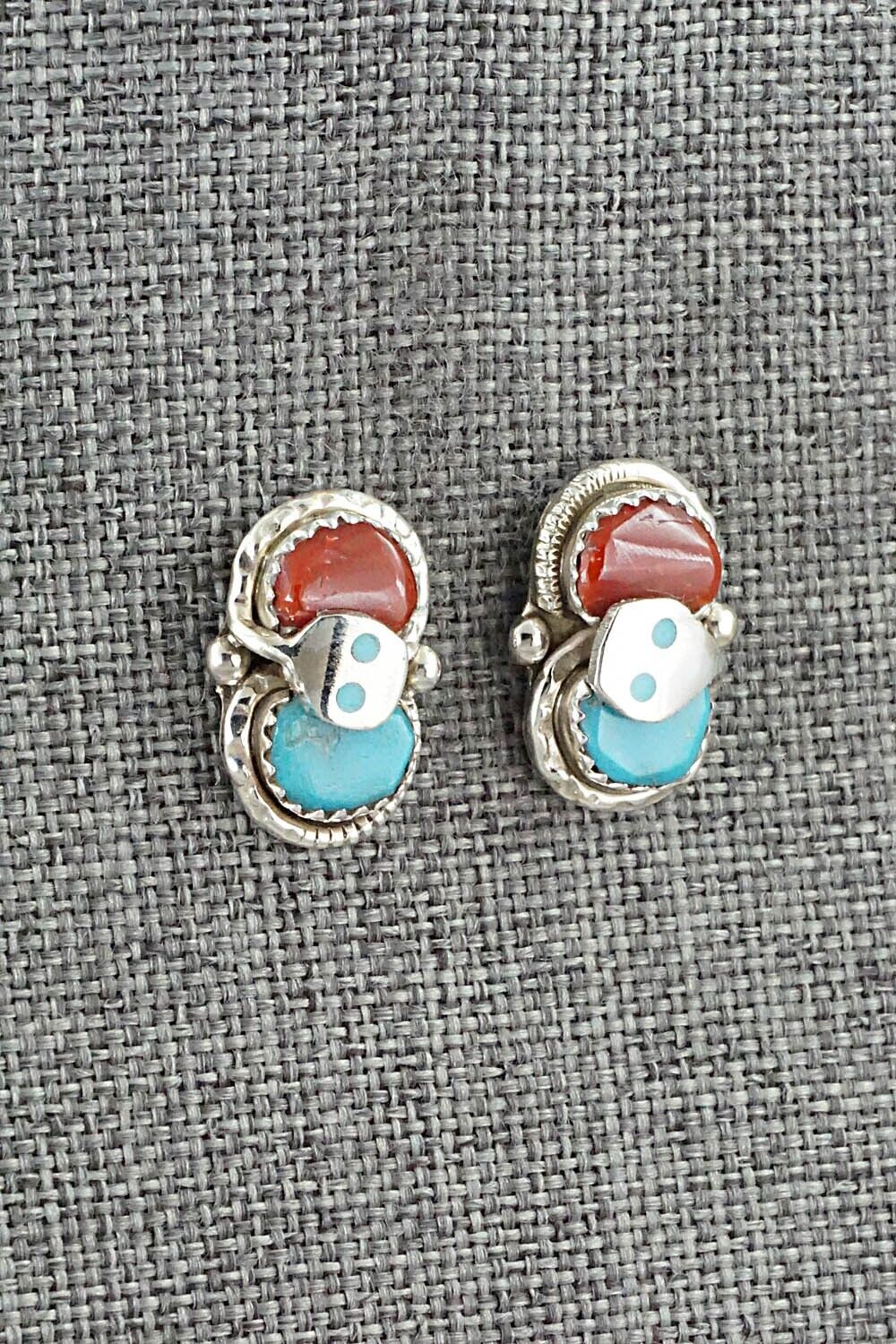 Turquoise, Coral & Sterling Silver Earrings - Joy Calavaza