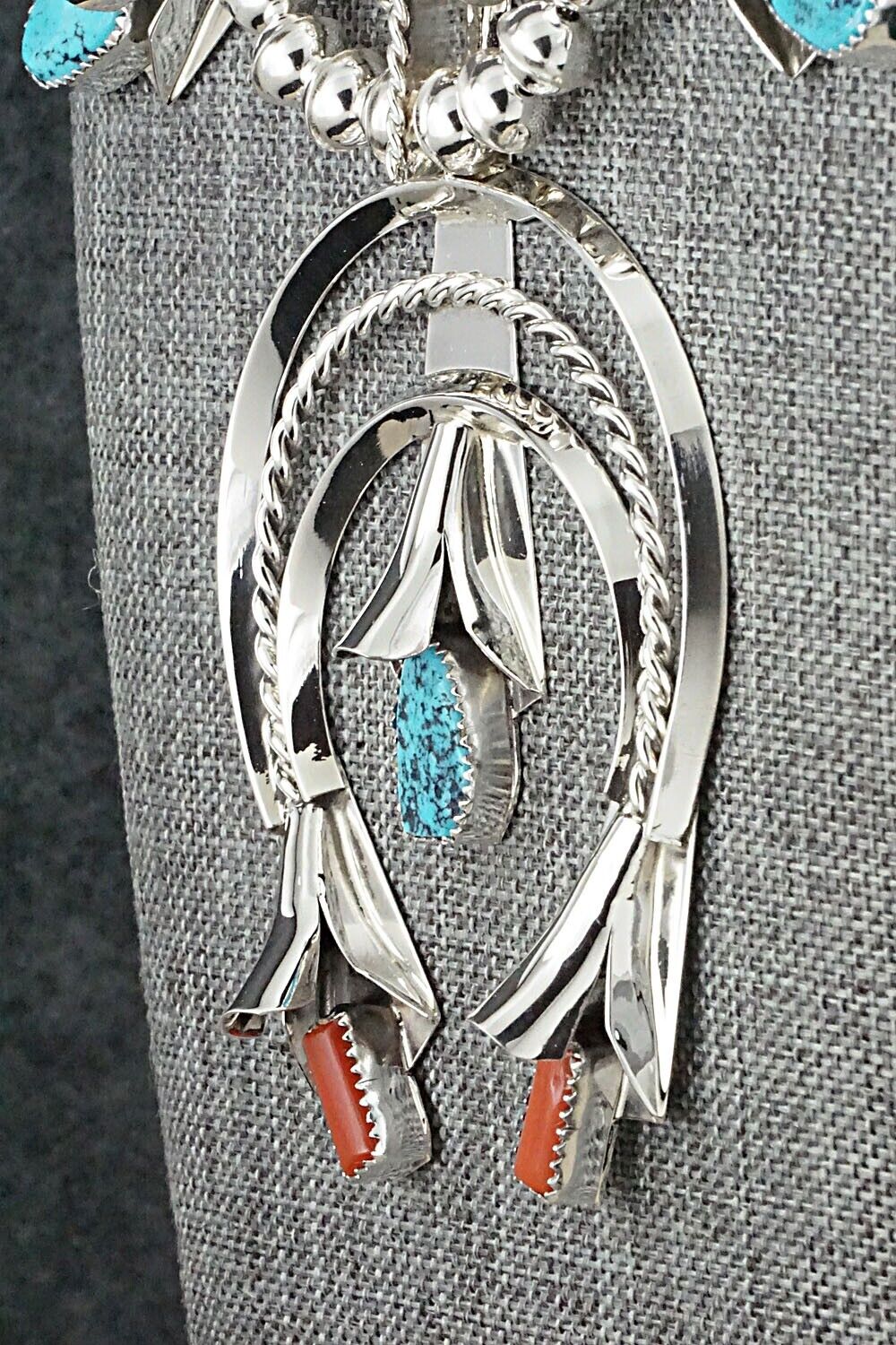 Turquoise, Coral & Sterling Silver Squash Blossom Set - Louise Yazzie