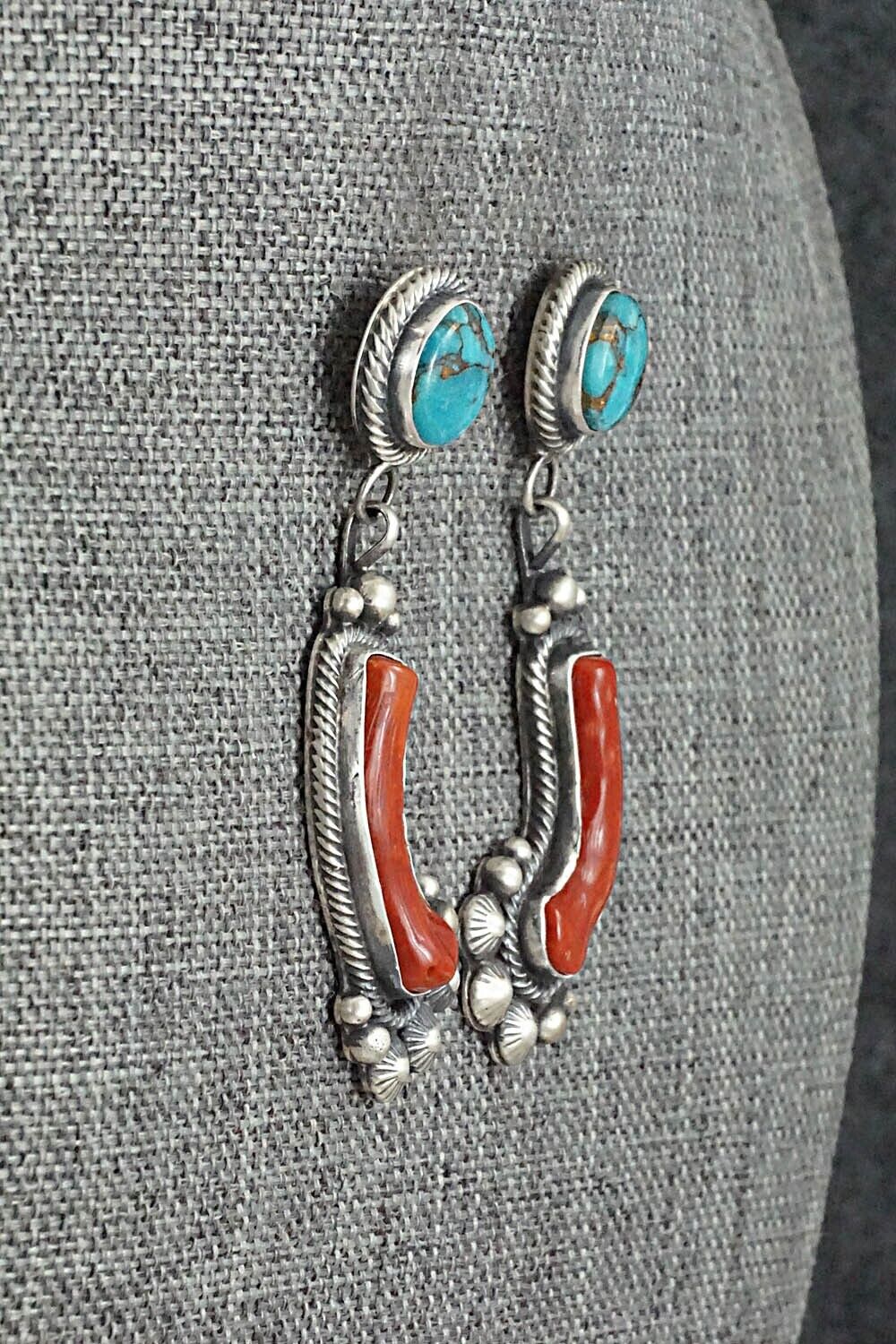 Turquoise, Coral & Sterling Silver Earrings - Tom Lewis