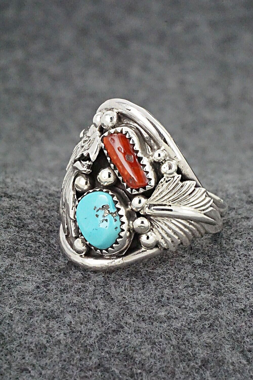 Turquoise, Coral & Sterling Silver Ring - Jeannette Saunders - Size 13.5