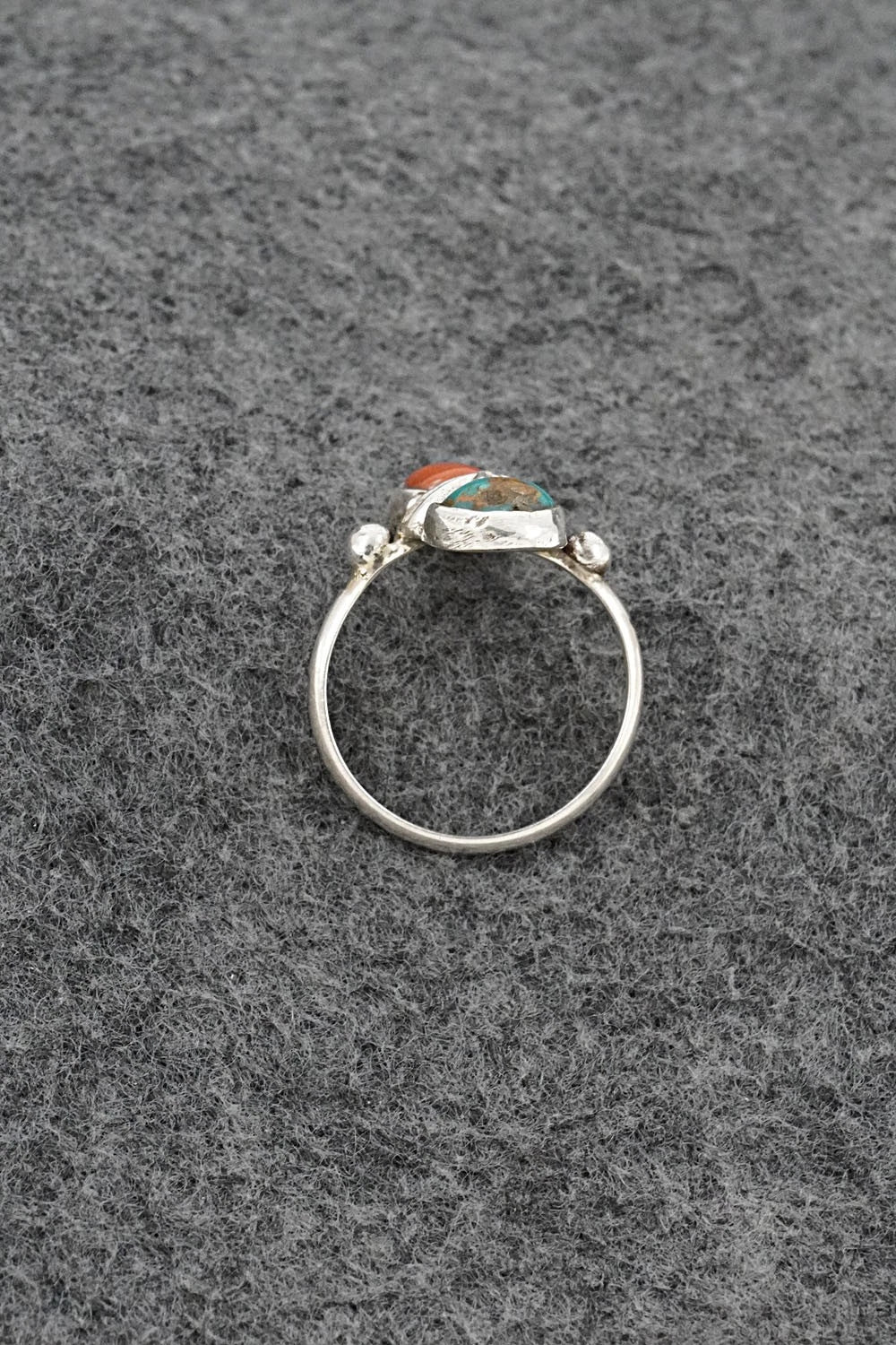 Turquoise, Coral & Sterling Silver Ring - Priscilla Reeder - Size 8