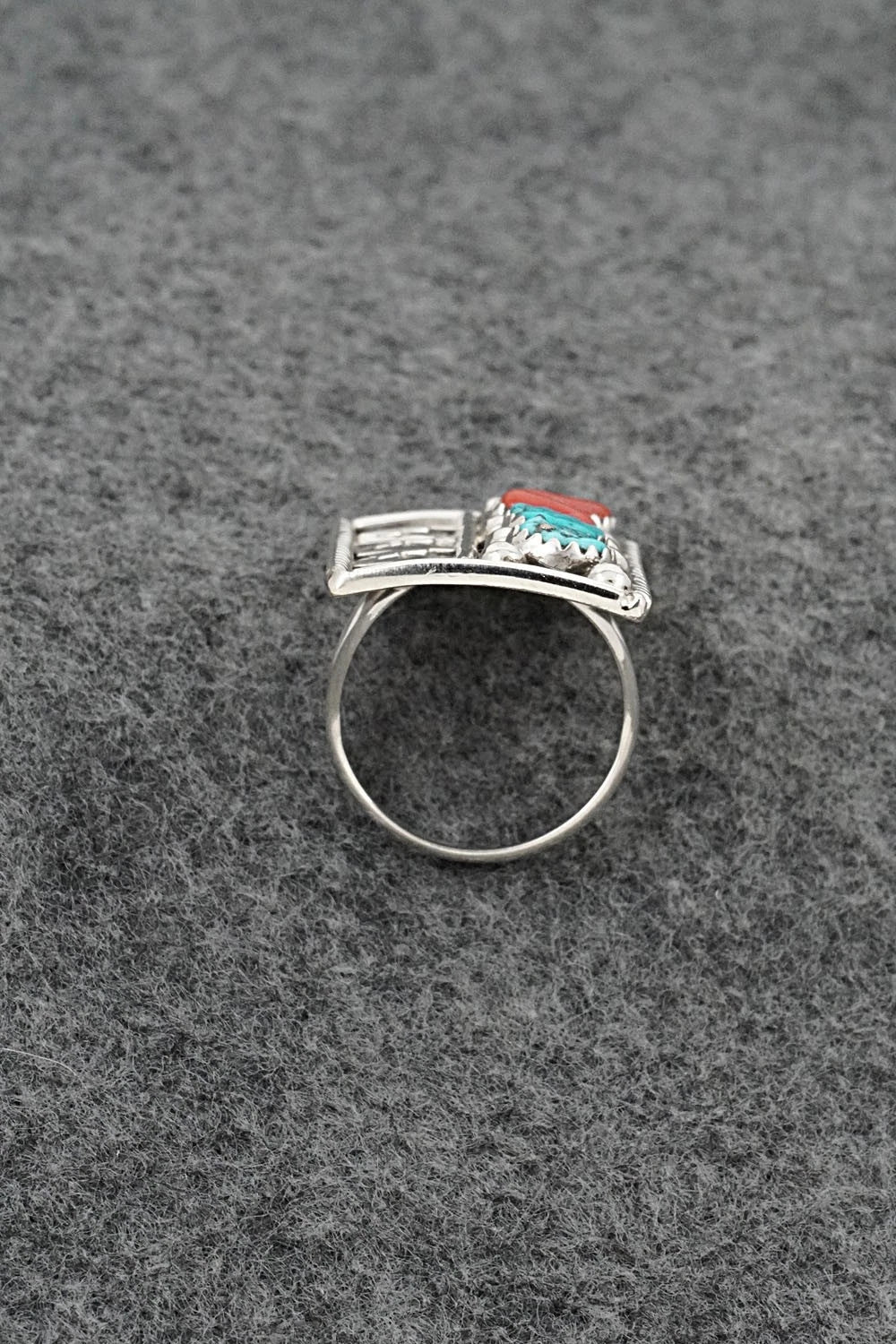 Turquoise, Coral & Sterling Silver Ring - Ronnie Spencer - Size 7
