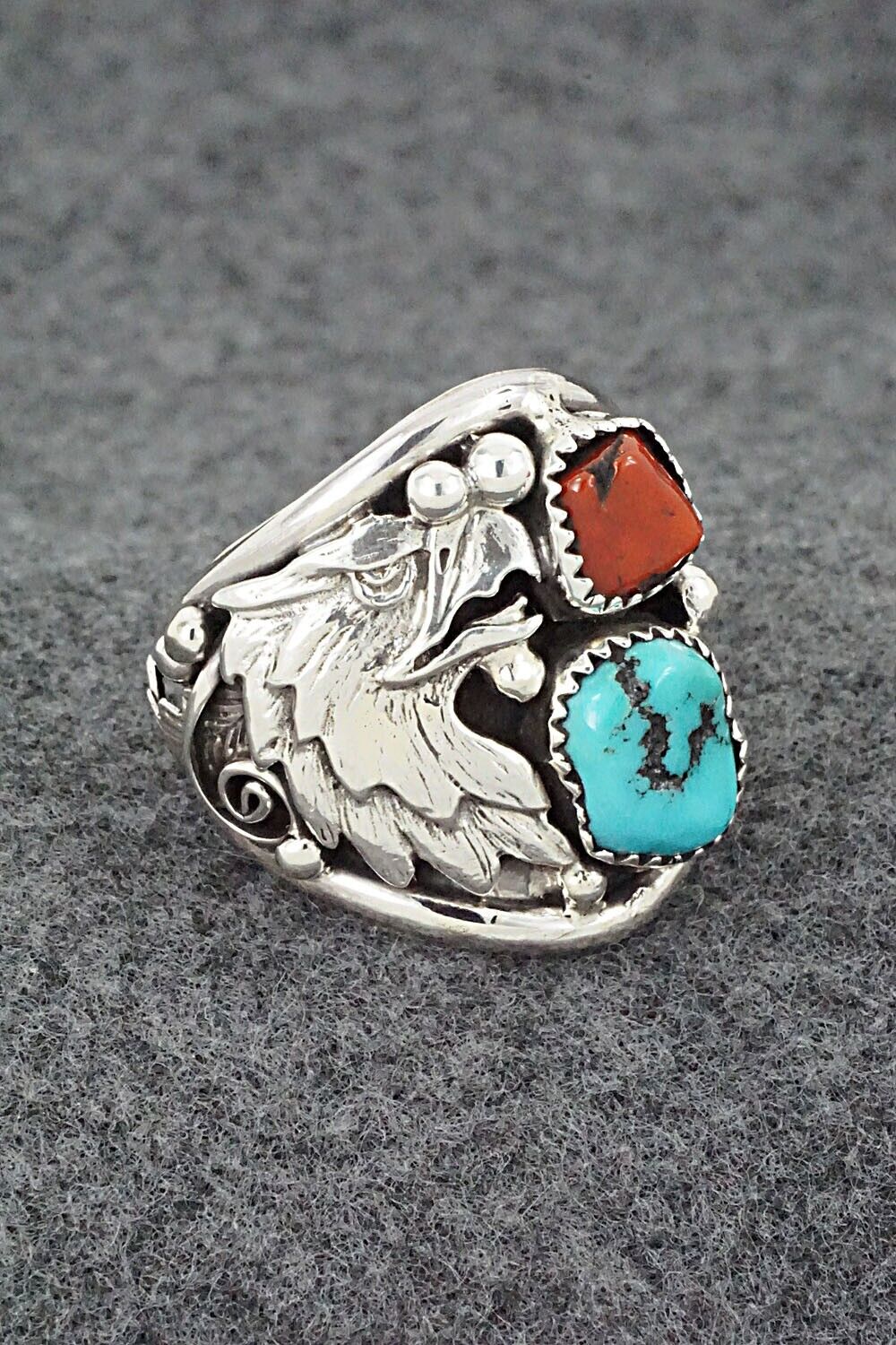 Turquoise, Coral & Sterling Silver Ring - Jeannette Saunders - Size 11.5