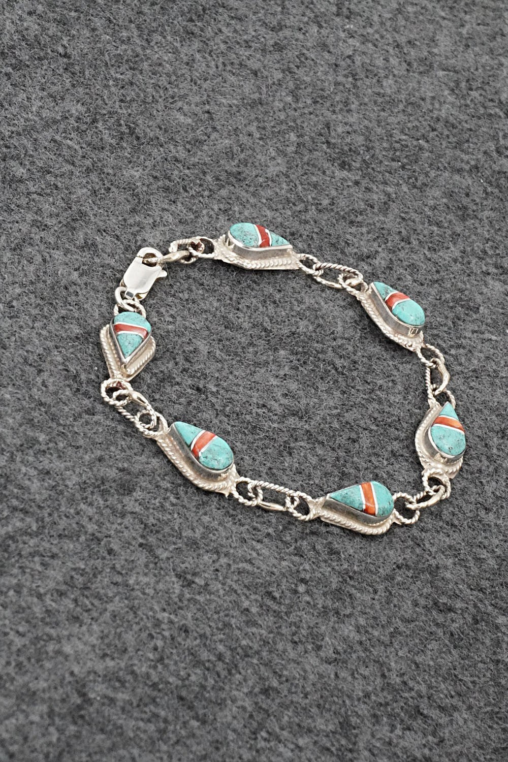 Turquoise, Coral & Sterling Silver Link Bracelet - Terrance Panteah
