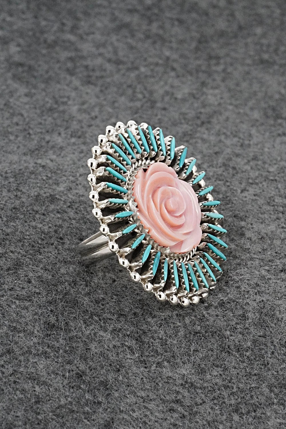 Turquoise, Pink Conch & Sterling Silver Ring - Roland Francisco - Size Adj.