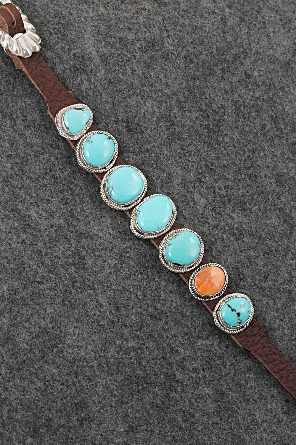 Turquoise, Spiny Oyster, Sterling Silver & Leather Bracelet - Rosita Charlie