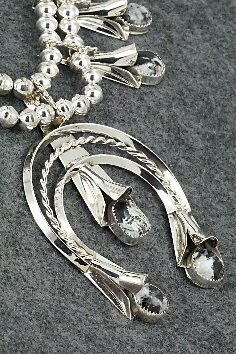 White Buffalo & Sterling Silver Squash Blossom Set - Louise Yazzie