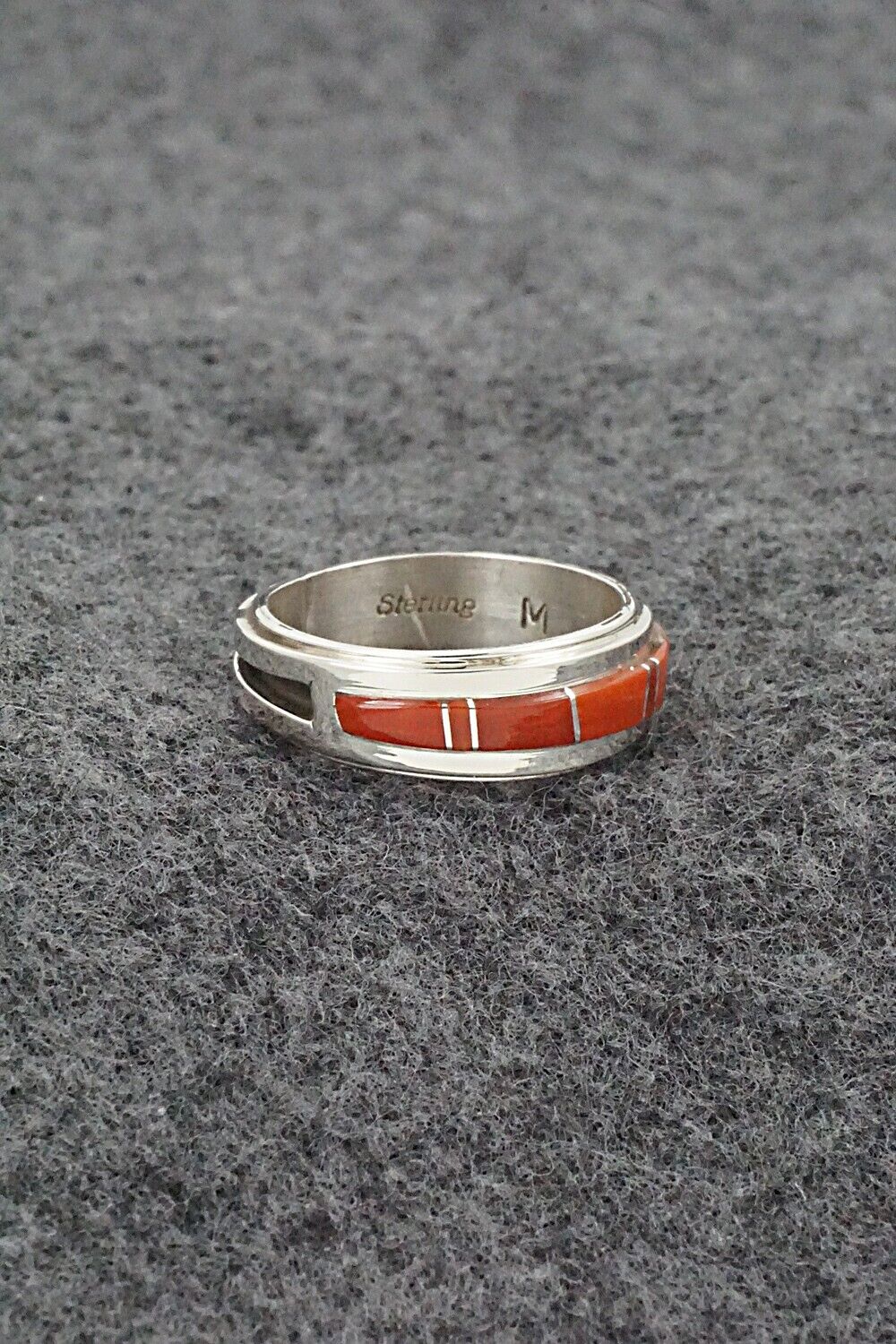 Coral & Sterling Silver Inlay Ring - Wilbert Muskett Jr. - Size 7.5