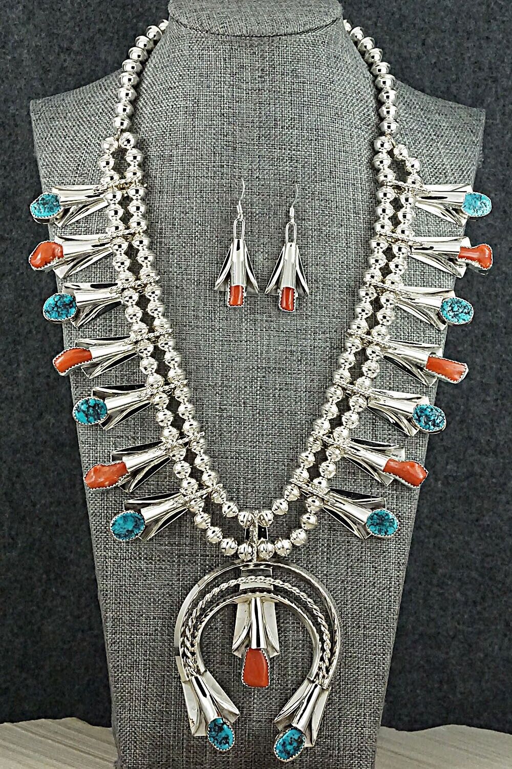Turquoise, Coral & Sterling Silver Squash Blossom Set - Louise Yazzie