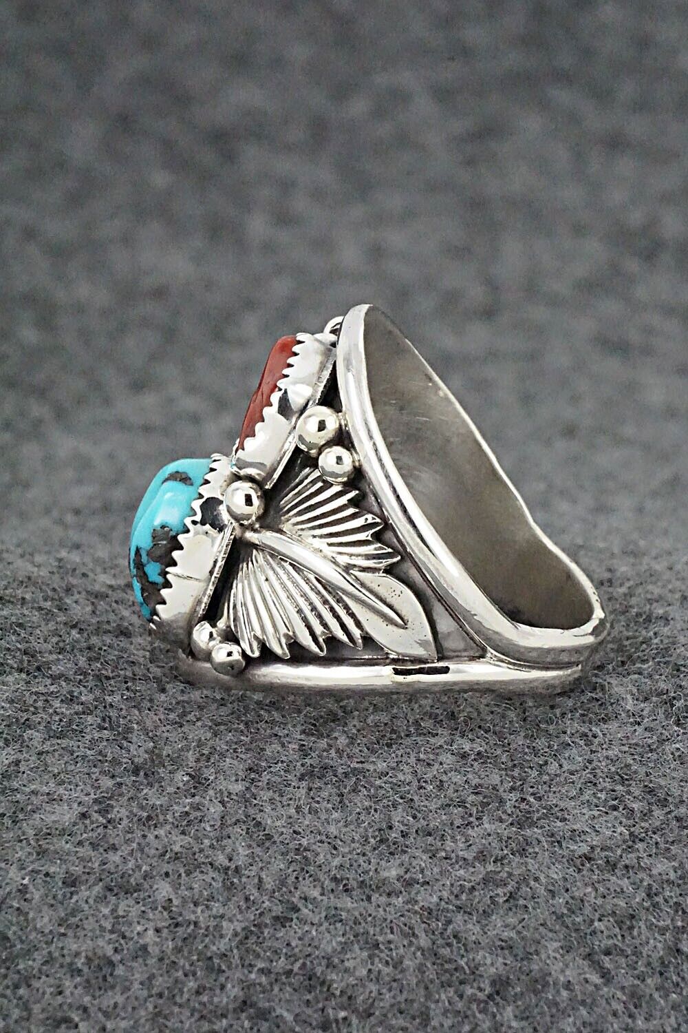 Turquoise, Coral & Sterling Silver Ring - Jeannette Saunders - Size 13.25
