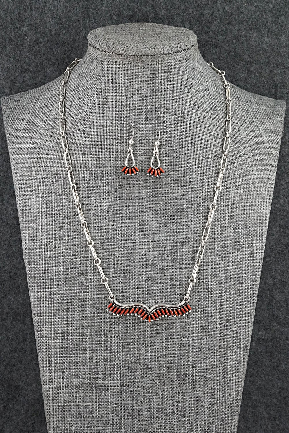 Coral & Sterling Silver Necklace and Earrings Set - Mildred Ukestine