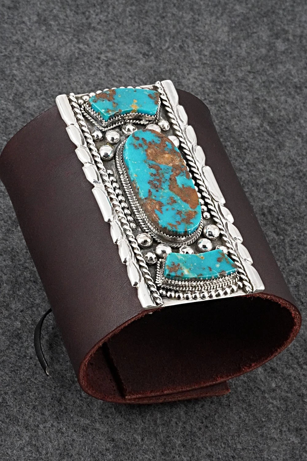 Turquoise, Sterling Silver & Leather Bracelet - Griffin Tsabetsaye Jr.