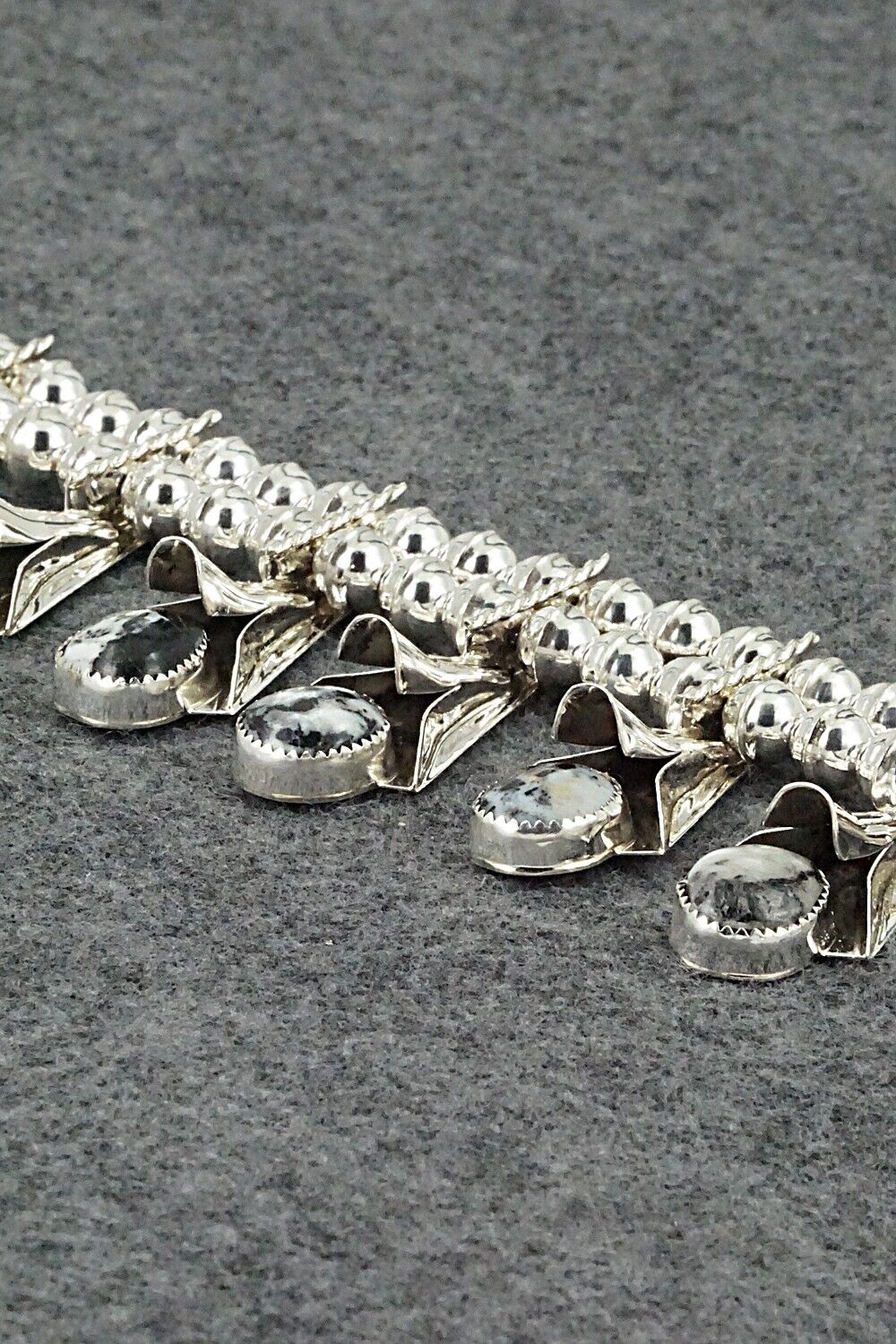 White Buffalo & Sterling Silver Squash Blossom Set - Louise Yazzie
