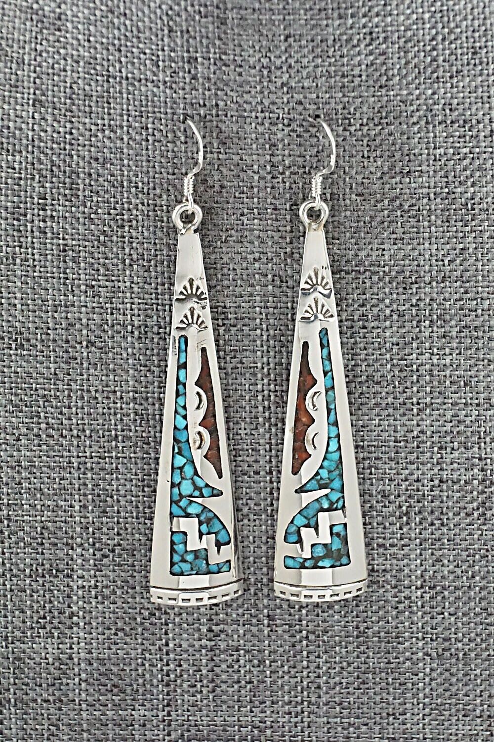 Turquoise, Coral & Sterling Silver Earrings - Jolene Yazzie