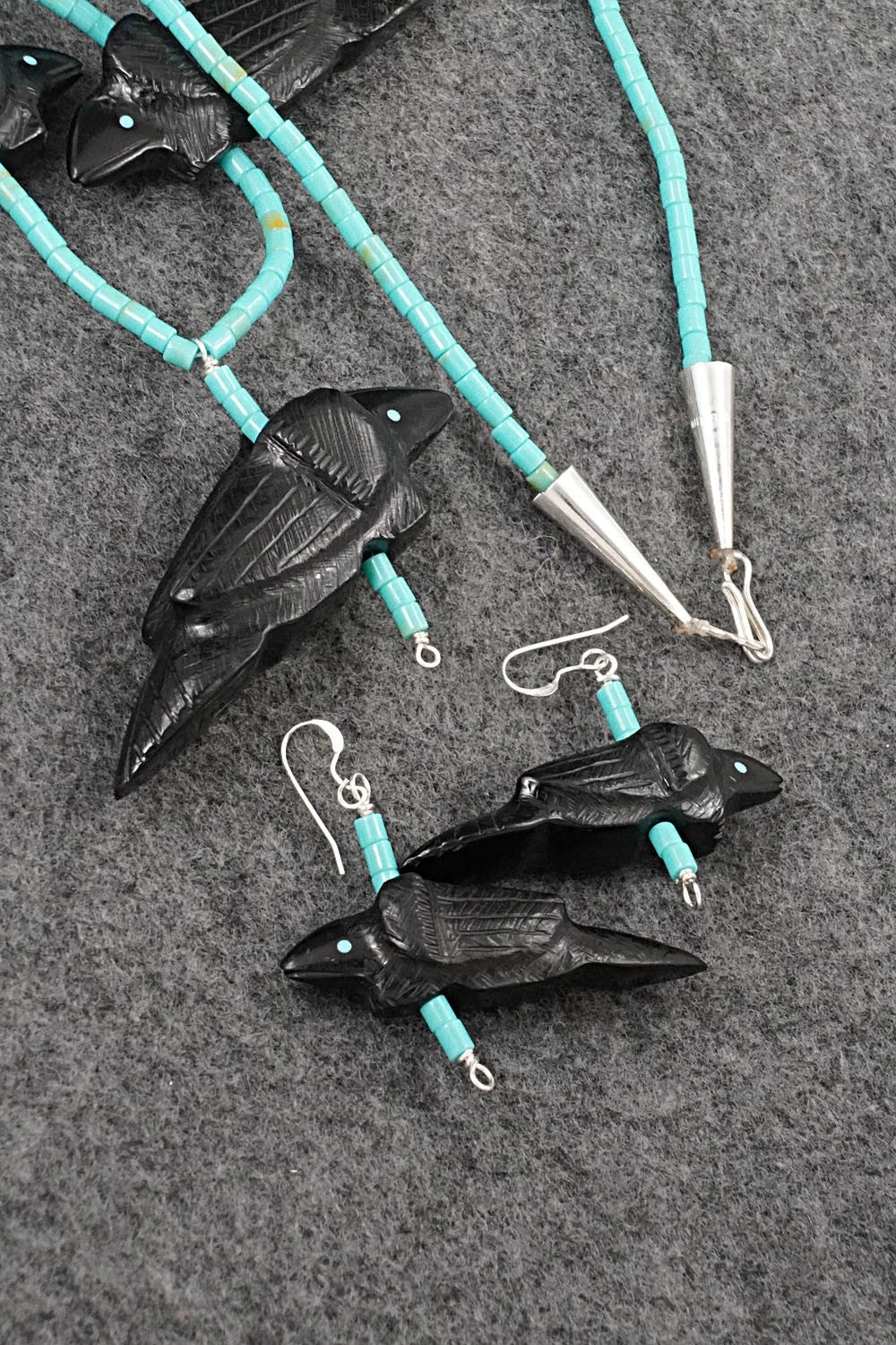 Turquoise, Jet Zuni Fetish & Sterling Silver Necklace Set - Herbert Halate