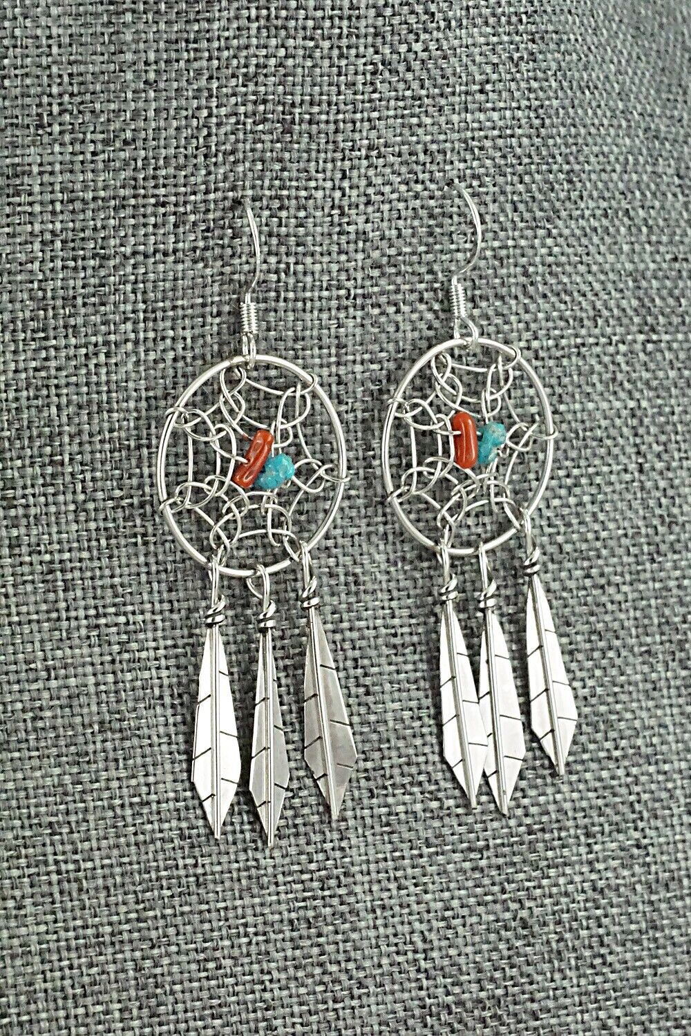 Turquoise, Coral & Sterling Silver Earrings - Lorenzo Arviso Jr.