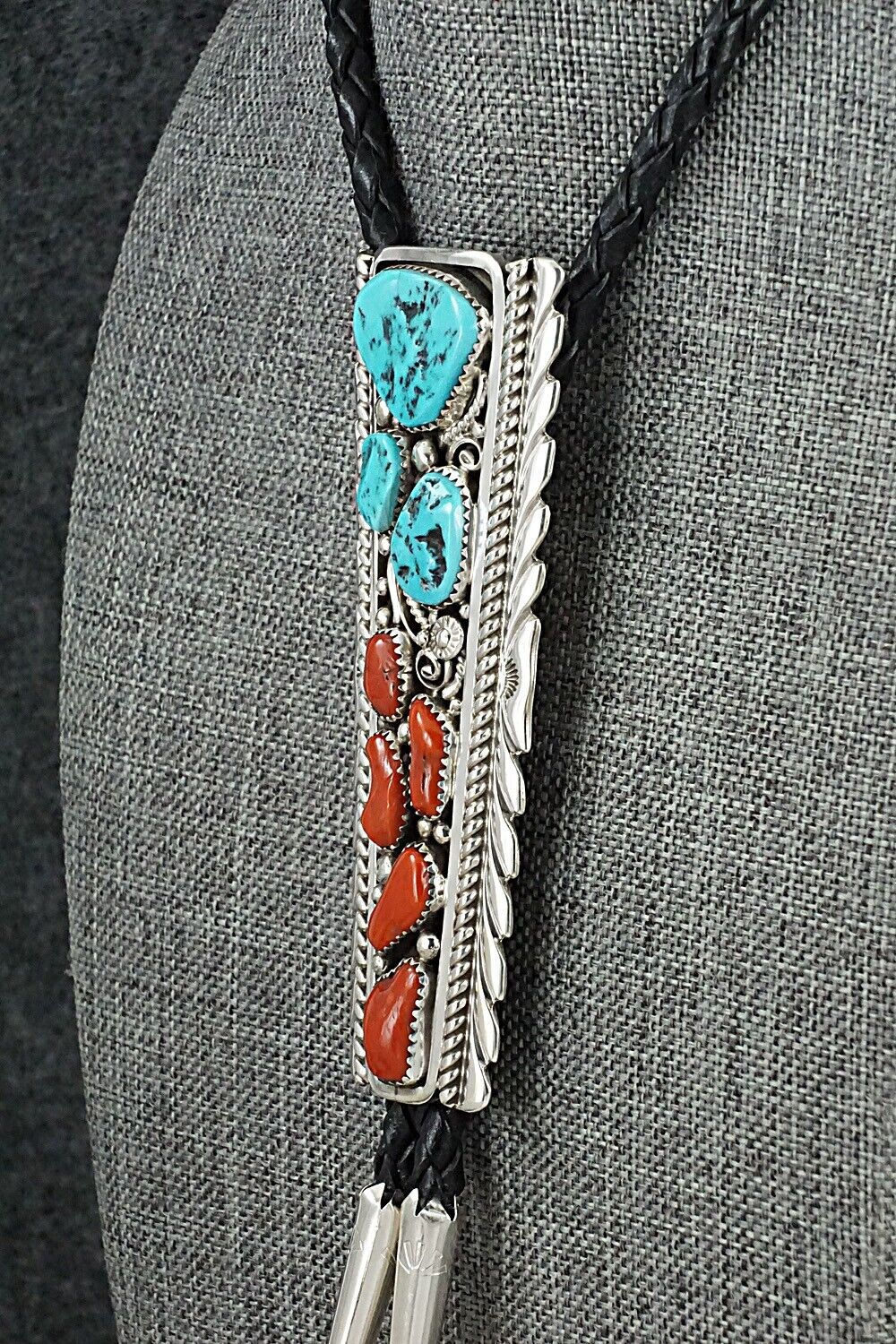 Turquoise, Coral & Sterling Silver Bolo Tie - Martin Muskett