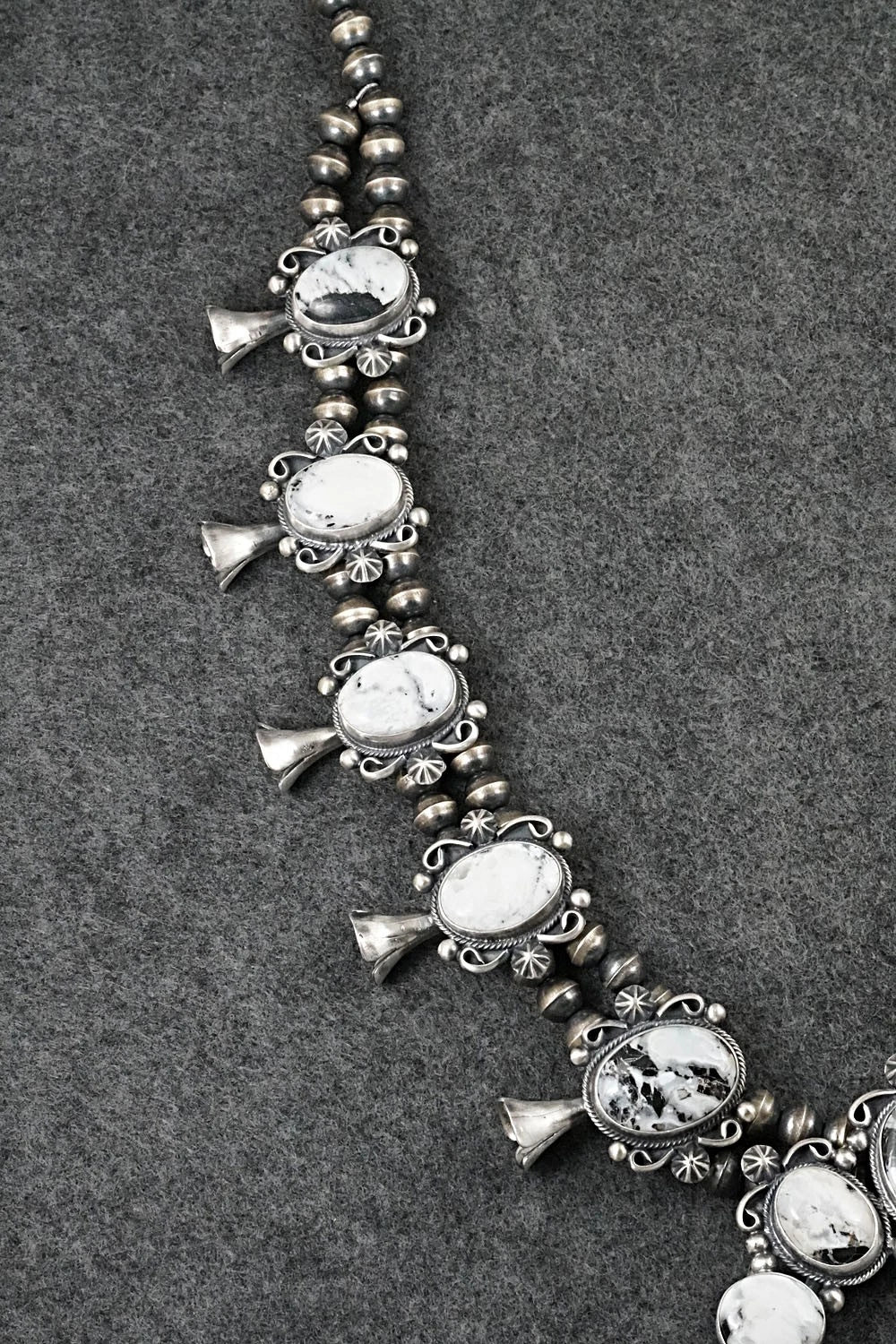 White Buffalo & Sterling Silver Squash Blossom Set - Paul Livingston