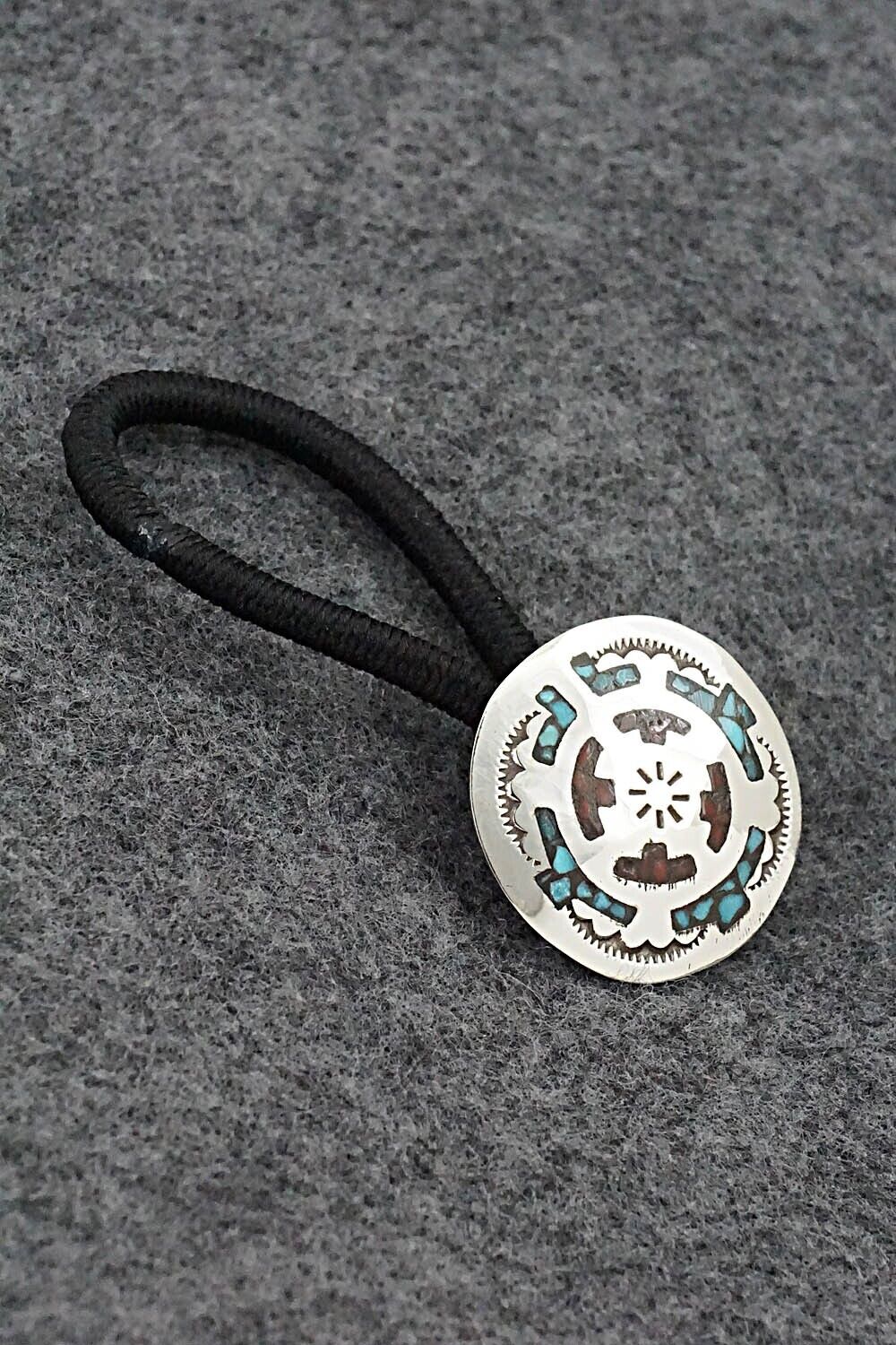 Turquoise, Coral Chip Inlay & Sterling Silver Hair Tie - Joleen Yazzie