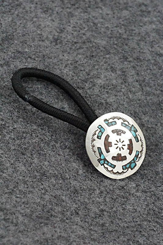 Turquoise, Coral Chip Inlay & Sterling Silver Hair Tie - Joleen Yazzie