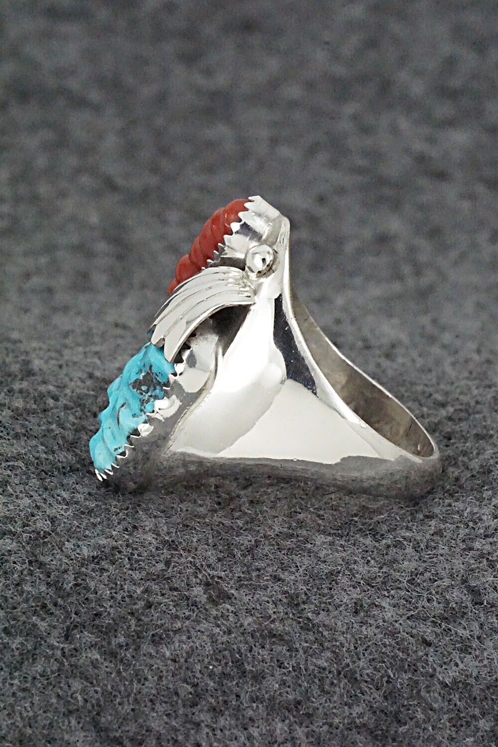 Coral, Turquoise & Sterling Silver Ring - Lyolita Tsattie - Size 10